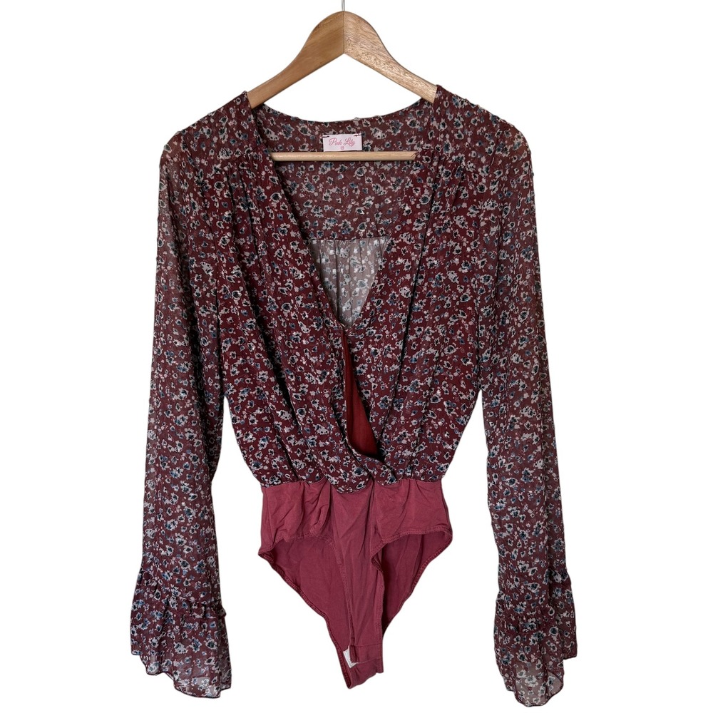 Pink Lily Floral Bodysuit Womens Medium Burgundy Excellent Bell Sleeve V-Neck